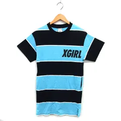 エックスガール x-girl Tシャツワンピース Iライン ミニ ボーダー ロゴプリント クルーネック コットン 綿 半袖 1 ライトブルー ブラック /NT6