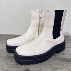 byあしながおじさん サイドゴアコンバットブーツ スクエアトゥ トラックソール サイドファスナー M 23-23.5cm アイボリー