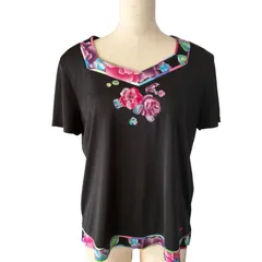 LEONARD レオナール ストレッチ カットソー 花柄 刺繍 ブラック 大きいサイズ 42 XL 美品