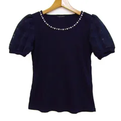 イング カットソー シャツ トップス 半袖 ボリューム袖 リブ ビジュー レディース Mサイズ ネイビー INGNI 【中古】