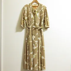 良品 INGEBORG インゲボルグ フラワープリント リボン 七分袖 ロングワンピース ベージュ レディース 古着 中古 USED