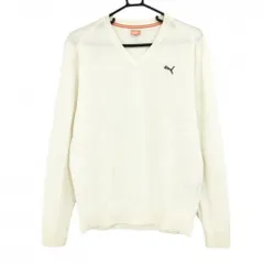 プーマ セーター アイボリー×グレー ロゴ刺しゅう ウール混 Vネック ニット メンズ L ゴルフウェア PUMA