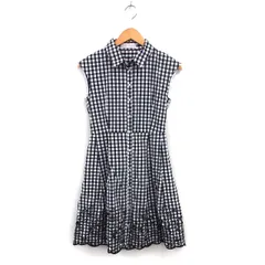 トランテアン ソン ドゥ モード 31 Sons de mode ギンガムチェック シャツワンピース フレア ひざ丈 ステンカラー レース コットン 綿 半袖 36 黒 ブラック /NT28
