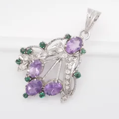 Q039 アメジスト グリーンストーン ペンダント トップ ラインストーン デザイン シルバー チャーム ヘッド 2月誕生石