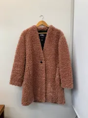 ZARA ノーカラー ファーコート ダスティ ピンク L デイリー デート 冬 アウター ジャケット ロング丈