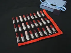■新品同様■ PRADA プラダ シルク100% 総柄 スカーフ ストール ショール レディース レッド系×マルチカラー FU6898