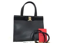 ■新品同様■ Salvatore Ferragamo フェラガモ ヴァラリボン レザー 2WAY ハンドバッグ ショルダー 肩掛け ブラック系 FN8598