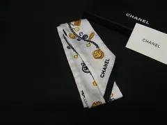 ■新品同様■ CHANEL シャネル ロゴ ココマーク シルク100% ツイリー リボンスカーフ レディース アイボリー系×マルチカラー FR7595