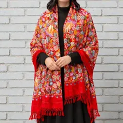 カシミール刺繍 ショール メリノウール 大判 シルク糸手刺繍 花柄 一点物 ハンドメイド ストール レッド 鮮やか 上質 艶めき 全面刺繡 伝統工芸 羽織り インテリア 唯一無二 職人 花模様 華やか 手仕事 格上げフォーマル 活躍 日常 旅先 贈り物 ご褒美