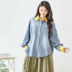 [☆ TRUBE ☆] 배색 디자인 데님 셔츠 옐로우 ML (N72-355) 여성 여성 의류 블라우스 오버 사이즈 체형 커버 높은 보이는 옷감 어른 귀여운 예쁜 캐주얼 가을 겨울 봄 20 대 30 대 40 대 50 대