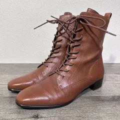 ヨシトデオランジェ YOSHITO de ORANGE 外羽根 レースアップショートブーツ スクエアトゥ イタリアンカーフレザー チャンキーヒール サイドジップ 24cm ライトブラウン