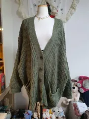 森ガール ルーズフィット 2XL オーバーサイズ Vネック ニット カーディガン カーキ