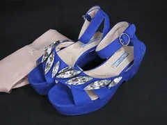 ■極美品■ PRADA プラダ スエード ヒール サンダル 表記サイズ35 1/2 (約22.5cm) 靴 レディース ブルー系 FS8519