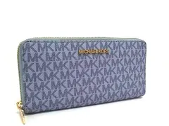 ■美品■ MICHAEL KORS マイケルコース MK柄 PVC ラウンドファスナー 長財布 ウォレット 小銭入れ 札入れ ライトブルー系 DL1473