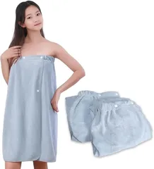 RMY.H 着るタオル ラップタオル 2枚セット 小中学生 女の子向け 可愛いデザイン 吸水速乾 お風呂上がりに便利 80x140cm (ライトグレー,  スナップタイプ)