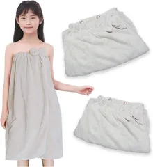 RMY.H 着るタオル ラップタオル 2枚セット 小中学生 女の子向け 可愛いデザイン 吸水速乾 お風呂上がりに便利 80x140cm (グレージュ,  リボン)