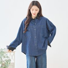 [[☆ TRUBE ☆] 배색 디자인 데님 셔츠 블랙 ML (N72-355) 여성 여성 의류 블라우스 오버 사이즈 체형 커버 높은 보이는 옷감 어른 귀여운 예쁜 캐주얼 가을 겨울 봄 20 대 30 대 40 대 50 대