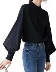 グリーンパキラ レディース ブラウス 長袖 トップス パフスリーブ シャツ 秋 冬 春 オフィスカジュアル スタンドカラーシャツ 大きいサイズ 丸首 襟付き シンプル 無地 前開き 女性 (ブラック,  3XL)