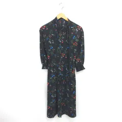 グローバルワーク GLOBAL WORK シャツワンピ ワンピース ロング 花柄 薄手 ウエストリボン 七分袖 M 黒 緑 ブラック グリーン /TT