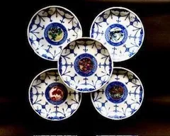 九谷焼 皿揃え 九谷焼歴代画 瓔珞文 絵変り 4.5号