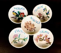 九谷焼 小皿 皿揃え 草花絵変わり 3寸花びら型 裏絵