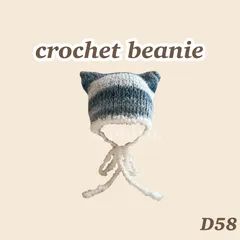 D58【ハンドメイド・完成品】猫耳ニット帽　顎紐付き　リボン　水色　グラデーション　1点もの　ファー　ビーニー　ニット帽　帽子　y2k 毛糸