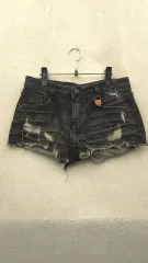 352 スリー ルームズ ブラックデニム ダメージ デニム ショートパンツ M