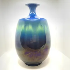 【彦】九谷焼 人間国宝 三代 徳田八十吉 赤銘 碧明耀彩釉 花器 飾壺 共箱【3902SY】A26