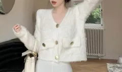 未使用 白 ファー クロップド カーディガン