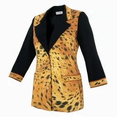 20a26【美品】LEONARD レオナール テーラードジャケット ブレザー レオパード 総柄 46サイズ ブラック ブラウン系 ウール100％ レディース 女性用o07t