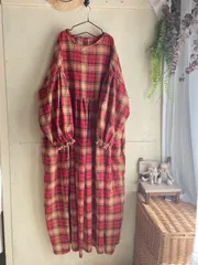 オーガニックコットン　タータンチェック　ギャザーワンピース　レッド