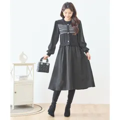 ☆SALE★現品限り★【TRUBE】NEW ジャガード ドッキング ニット ワンピース ブラック M-L (N85-078) レディース 婦人服 ロング丈 フレア 切り替え 上品 大人可愛い きれいめ フェミニン 春 秋 冬 20代 30代 40代 50代