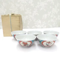 九谷焼 骨董・民芸品 稲手忠弘 色絵草花文 煎茶碗 湯呑 5客組 茶器 箱有 陶歴有