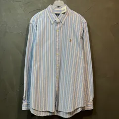 M Polo ポロラルフローレン ブルー ピンク ストライプ シャツ