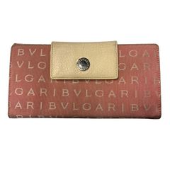 3841 BVLGARI ブルガリ レッタレ ロゴマニア 3つ折 長財布 キャンバス レザー ピンク アイボリー シルバー金具 22249 中古