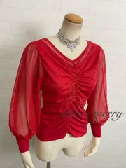新品　社交ダンス　トップス　赤　長袖　バルーン袖　ワルツ　パーティ　レッスン　2998