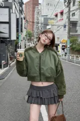 カーキ色 クロップド ファー ジャケット MA-1ジャケット