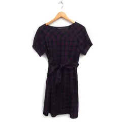 23区 オンワード樫山 チェック柄 フレア ワンピース 半袖 ひざ丈 リボン ウール 38 パープル 紫 /FT36