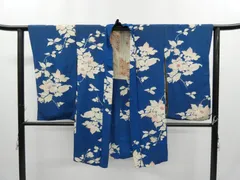 ◇KWH077 羽織 長羽織 正絹 紐付き 総柄 青色 古着 アンティーク