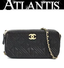 【広尾店】 美品 シャネル CHANEL ココマーク チェーンウォレット ポシェット スマホケース ソフトキャビアスキン 黒 G金具 25番台 【18302】