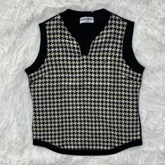 【日本製】MUNSINGWEAR レディース 千鳥格子 ニットベスト／ Mサイズ 黒×生成 Vネック ノースリーブのサムネイル