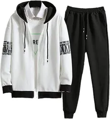 emptio エンプティオ 前開き ジャージ 上下セット ボトムス フルジップ チャック スポーツウェア 部屋着 スウェット ファスナー パンツ ランニング ズボンセット (ホワイト/ブラック,  2XL)