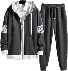 emptio エンプティオ 前開き ジャージ 上下セット ボトムス フルジップ チャック スポーツウェア 部屋着 スウェット ファスナー パンツ ランニング ズボンセット (グレー/グレー,  3XL)