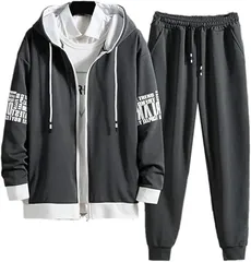 emptio エンプティオ 前開き ジャージ 上下セット ボトムス フルジップ チャック スポーツウェア 部屋着 スウェット ファスナー パンツ ランニング ズボンセット (グレー/グレー,  L)