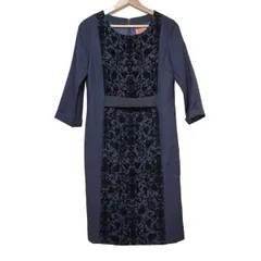 SunaUna(スーナウーナ) ワンピース サイズ38 M レディース - ネイビー×黒 クルーネック/七分袖/ひざ丈/花柄/フロッキープリント