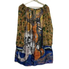 ツモリチサト ワンピース サイズ2 M レディース - オレンジ×ブルー×マルチ クルーネック/長袖/ひざ丈/シルク/シースルー