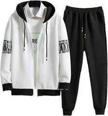 emptio エンプティオ 前開き ジャージ 上下セット ボトムス フルジップ チャック スポーツウェア 部屋着 スウェット ファスナー パンツ ランニング ズボンセット (ホワイト/ブラック,  M)