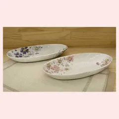＜特価・２枚セット＞瀬戸焼　亜福窯　粉引色桜　楕円鉢（大）／（紅1枚・紫1枚）