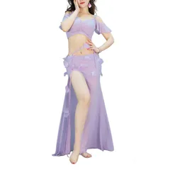 ベリーダンス 衣装 2点セット 女性 舞台 演舞 練習用 トップス スカート セット ダンス コスチューム パープル