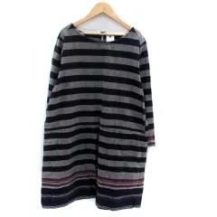 ニコアンド Niko and.. ワンピース ラウンドネック 長袖 ひざ丈 ボーダー柄 紺 ネイビー グレー /HO18